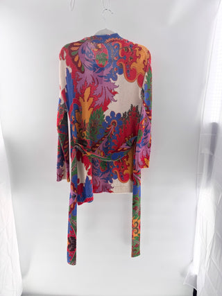 etro multicolor floral paisley silk linen knit cardigan & midi skirt, 42 / 40