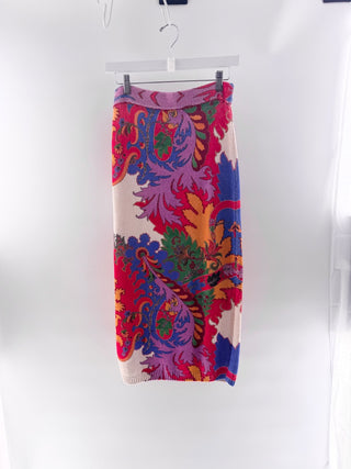 etro multicolor floral paisley silk linen knit cardigan & midi skirt, 42 / 40