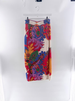 etro multicolor floral paisley silk linen knit cardigan & midi skirt, 42 / 40