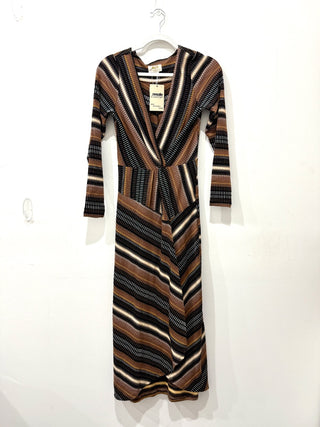 NWT Maeve by Anthropologie Striped Wrap Midi Dress Brown Multi Women's Size XS