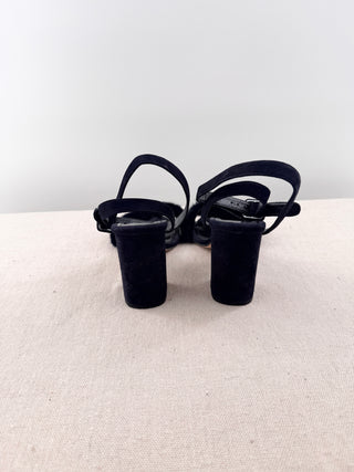 Barneys New york suede open toe heels with mink fur toe strap, block heel & wraparound ankle straps, 36.5