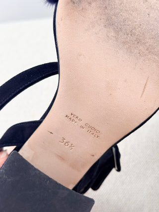 Barneys New york suede open toe heels with mink fur toe strap, block heel & wraparound ankle straps, 36.5