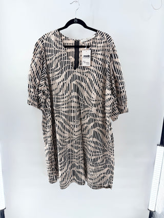 Marie Oliver Striped Cotton Short Sleeve V-Neck Kaftan Midi Dress Beige Brown 2X