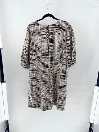 Marie Oliver Striped Cotton Short Sleeve V-Neck Kaftan Midi Dress Beige Brown 2X