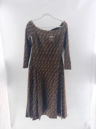Fendi Zucca monogram off the shoulder midi dress featuring fitted bodice, long sleeves & flared skirt, 42 IT / US 6