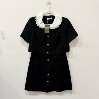 Sandro Faustine Short Sleeve Tweed Mini Dress w/ Peter Pan Collar Black/White M