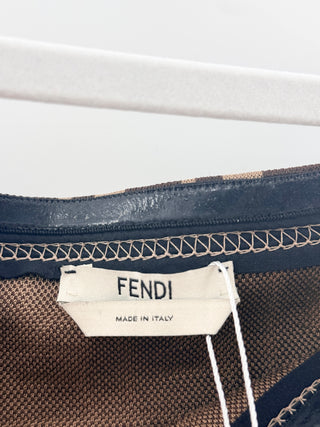 Fendi Zucca monogram off the shoulder midi dress featuring fitted bodice, long sleeves & flared skirt, 42 IT / US 6