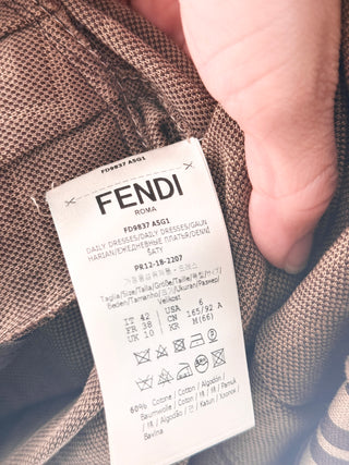 Fendi Zucca monogram off the shoulder midi dress featuring fitted bodice, long sleeves & flared skirt, 42 IT / US 6