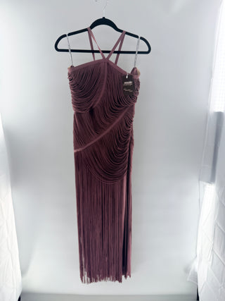 Herve Leger draped fringe maxi gown with strappy neckline & asymmetric cascading fringe, M