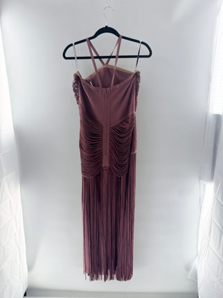 Herve Leger draped fringe maxi gown with strappy neckline & asymmetric cascading fringe, M