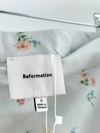 Reformation silk lace trim floral mini skirt, S