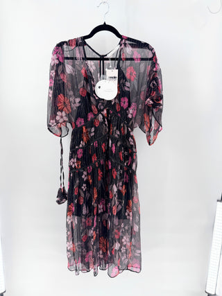 NWT Talulah Wild Bloom Floral Silk Metallic Floral A-Line Midi Dress Black Pink XS