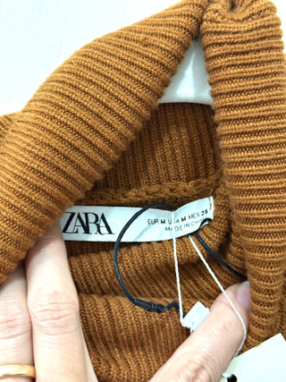 Zara Ribbed Tie Cuff Turtleneck Pullover Sweater Rust Brown Women's Size Medium