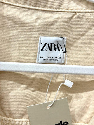 Zara 100% Cotton Raw Hem Cropped Button-Up Casual Jacket Tan Women's Size Large