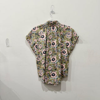 Sundays 100% Cotton Floral Ruffle High Neck Blouse Top Green/Pink Women's Size M
