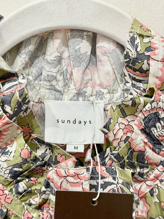 Sundays 100% Cotton Floral Ruffle High Neck Blouse Top Green/Pink Women's Size M