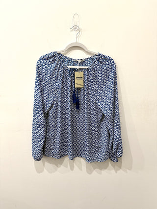 Olivaceous Geometric Print Tasseled Neck Blouse Boho Blue Women's Size Medium