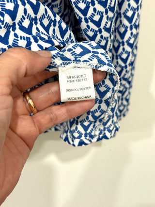 Olivaceous Geometric Print Tasseled Neck Blouse Boho Blue Women's Size Medium