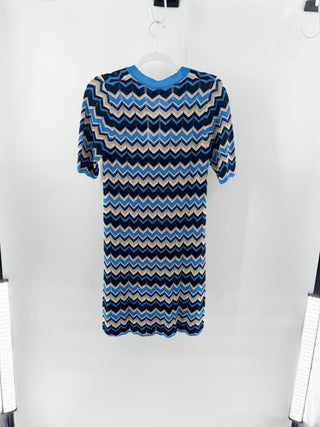NWT Ramy Brook Lucas Chevron Short Sleeve Metallic Knit Mini Dress Blue Small