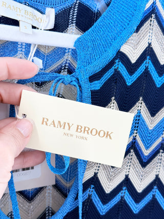 NWT Ramy Brook Lucas Chevron Short Sleeve Metallic Knit Mini Dress Blue Small