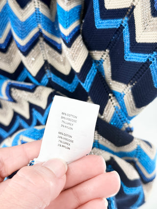 NWT Ramy Brook Lucas Chevron Short Sleeve Metallic Knit Mini Dress Blue Small