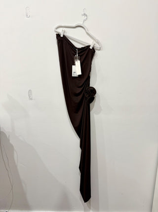 NWT Magda Butrym Floral-Appliqué Strapless Ruched Maxi Dress Brown Women's 10