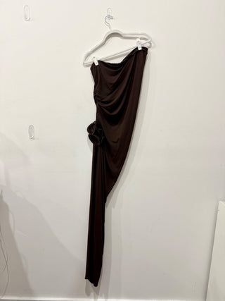 NWT Magda Butrym Floral-Appliqué Strapless Ruched Maxi Dress Brown Women's 10