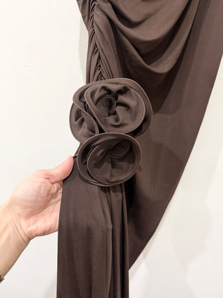 NWT Magda Butrym Floral-Appliqué Strapless Ruched Maxi Dress Brown Women's 10