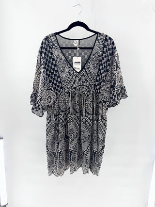 Akem + Kim Brooke Eyelet Embroidered Boho Mini Babydoll Dress Black White Womens XL