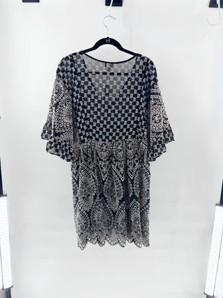 Akem + Kim Brooke Eyelet Embroidered Boho Mini Babydoll Dress Black White Womens XL