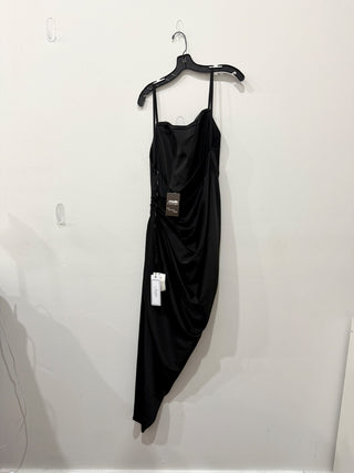 NWT Jadore Sleeveless Asymmetrical Ruched Bodycon Satin Dress Black Womens 14 US