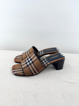 Burberry check block heel slide sandals, 39.5