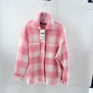 Local Heroes Twiggy Plaid Long Sleeve Shirt Jacket Pink White Women's Size XS