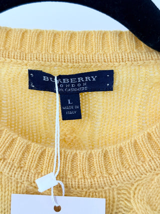 Burberry 100% Cashmere Long Sleeve Cable Knit Pullover Sweater Yellow Womens L