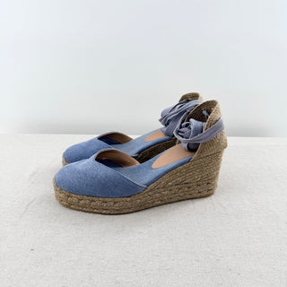 Castaner Carina Denim Espadrille Wrap Strap Wedges Sandals Blue Women's Size 10