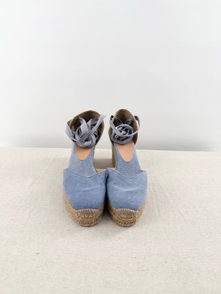 Castaner Carina Denim Espadrille Wrap Strap Wedges Sandals Blue Women's Size 10