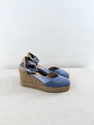 Castaner Carina Denim Espadrille Wrap Strap Wedges Sandals Blue Women's Size 10