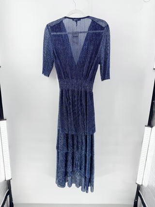 Maje Sheer Lurex Tiered Hi-Low Maxi Dress Blue Silver Women's Size 38 FR / US 6
