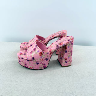 Larroudé x LoveShackFancy Dolly Heeled Platform Sandals Pink Floral Womens EU 38
