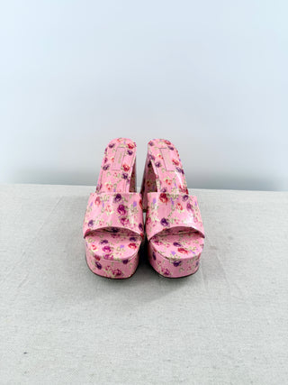 Larroudé x LoveShackFancy Dolly Heeled Platform Sandals Pink Floral Womens EU 38