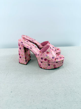 Larroudé x LoveShackFancy Dolly Heeled Platform Sandals Pink Floral Womens EU 38