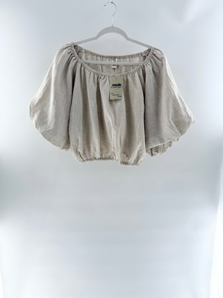 Dissh Beige linen puff sleeve crop top, US 4