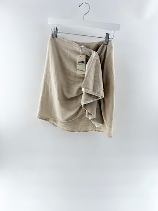 Hevron Beige linen wrap mini skirt featuring a draped front, 2