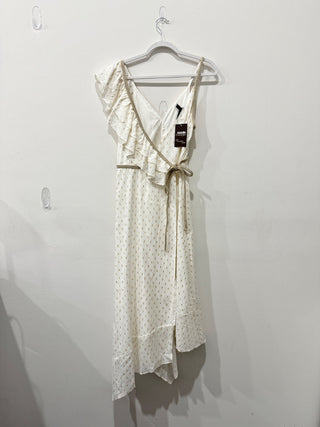 BCBGMaxazria Asymmetric Midi Wrap Dress Cream with Metallic Shimmer Women's M