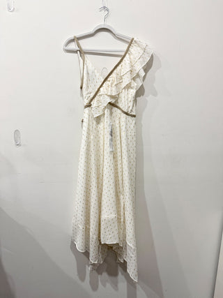 BCBGMaxazria Asymmetric Midi Wrap Dress Cream with Metallic Shimmer Women's M