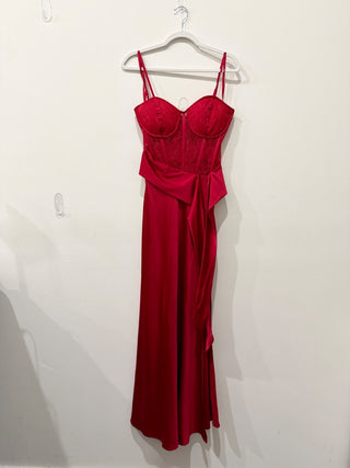 Bebe Sleeveless Lace and Satin Bustier Maxi Cocktail Gown Red Scarlet Women's S