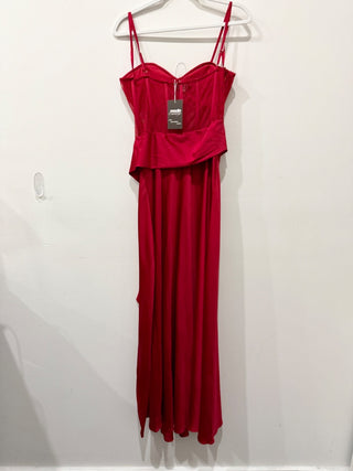 Bebe Sleeveless Lace and Satin Bustier Maxi Cocktail Gown Red Scarlet Women's S