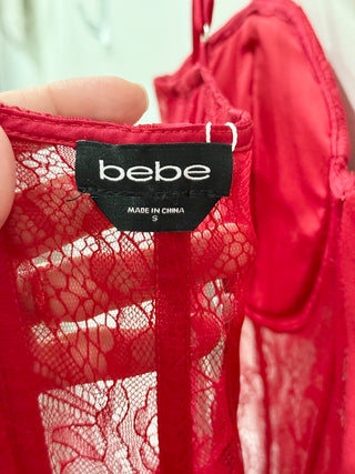 Bebe Sleeveless Lace and Satin Bustier Maxi Cocktail Gown Red Scarlet Women's S