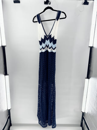 Agua Bendita Ginebra Crochet Sleeveless V-Neck Maxi Long Dress Blue White Small