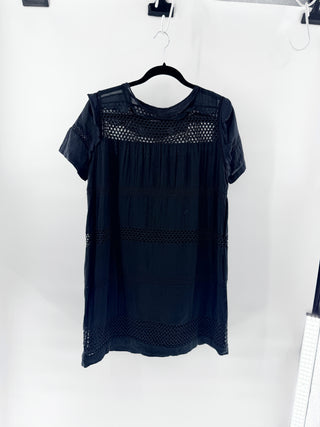 Isabel Marant Caleen Short Sleeve Lace Trim Shift Mini Dress Black 42 FR / US 10